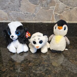 Ty Beanie Boos Trio: Black and White Dog, Snow Leopard, Penguin